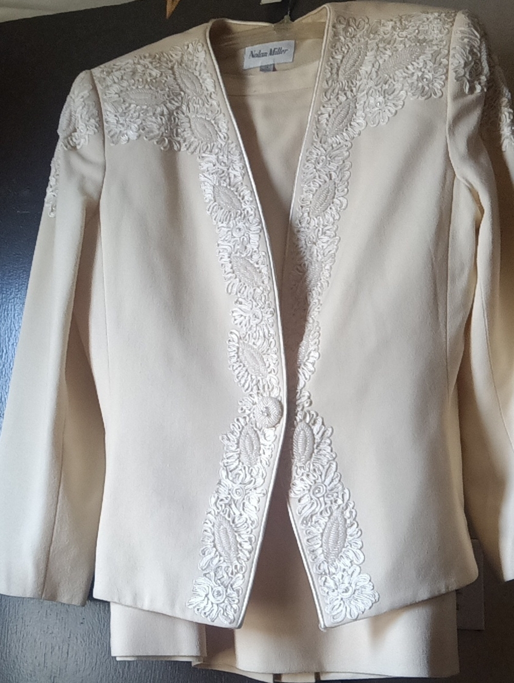 Nolan Miller Cream Embroidered Open-Front Blazer